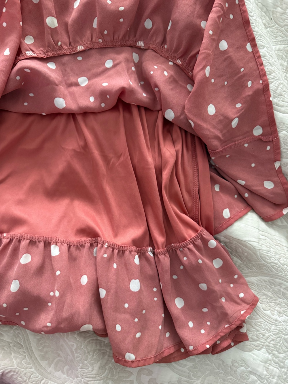 Sienna Sky Deep Blush & White Polka Dot Tie Waist Mini Dress / Puff Sleeve / - Picture 4 of 7